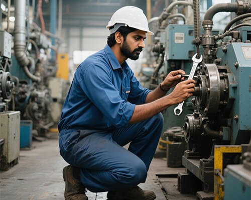 Technician in blue uniform inspecting factory machinery with a wrench.